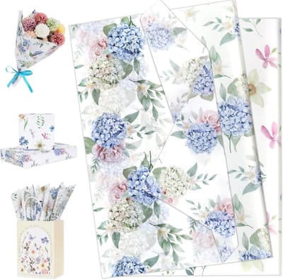 Vintage Bloemen Tissuepapier voor Verpakking - 60 Vellen Waterverf Design voor Cadeaus, Feestdagen en Bruiloften met Prachtige Hortensia en Rozen