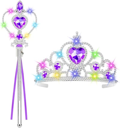 Verlichte Prinsessenkroon Set van 2 voor Meisjes met Toverstaf - Kostuumaccessoires voor Carnaval, Halloween en Cosplay Feestjes (Paars)