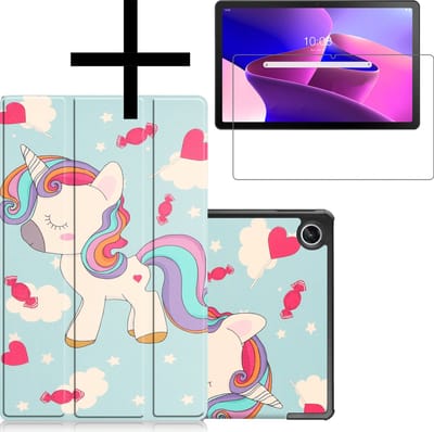 Hoes - Geschikt voor Lenovo Tab M10 Plus (3e / 3rd Generatie) - Met Screenprotector - Trifold Bookcase - Hard Cover - Hardcover Book Case - Tablet Hoesje - Eenhoorn