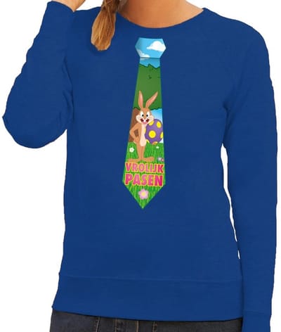 Blauwe Paas sweater met paashaas stropdas - Pasen trui voor dames - Pasen kleding XS