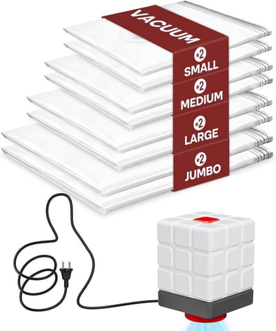 PromoHome Stofzuigerzakken voor kleding met elektrische luchtpomp, 8 stuks (2 klein/2 medium/2 groot/2 Jumbo), herbruikbare vacuümzakken voor dekbedden, matrassen, dekens en kussens