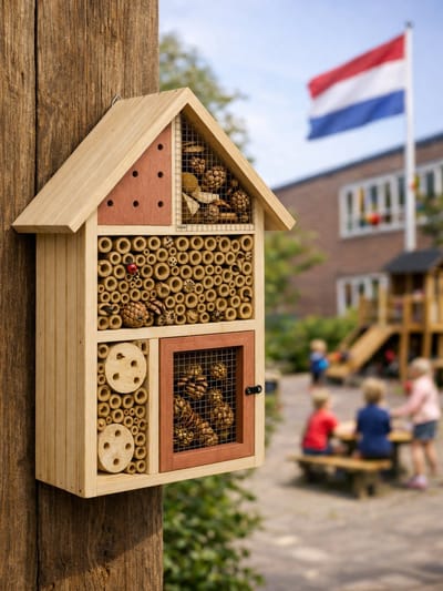 HEM Insectenhotel Hout 37 cm Rood – Bijenhotel & Insectenhuis – Voor Tuin en Balkon – Nestkast voor Bijen, Vlinders en Lieveheersbeestjes – Ophangbaar – Inclusief HEM Microvezeldoekje