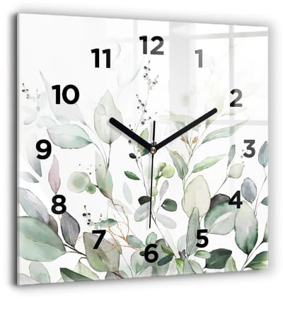 Wallfluent Wandklok - Plantenbladeren Unieke Wandklok - 60 cm x 60 cm - Groente Wandklok - Zwarte Handen - Wandklok Met Cijfers - Kinder Wandklok Glas - Vierkante Glazen Wandklok - Industrieel Wandklok - Unieke Wandklok
