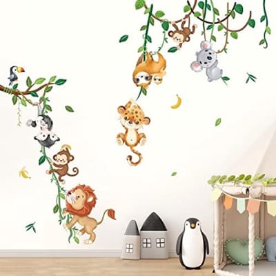 Jungle Dieren Muursticker Set - 8 Stuks Klimmende Dieren Boom Decoratie voor Kinderkamer, Babykamer en Slaapkamer - Gemakkelijk Verwijderbare en Waterdichte Wanddecoratie