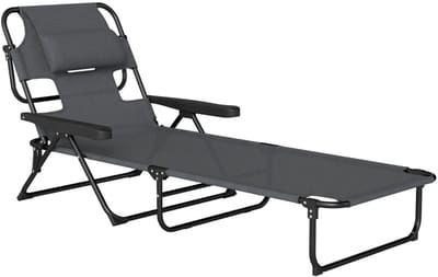 Opklapbare Ligstoel met Hoofdsteun - Ligbed met 4-standen Verstelbare Rugleuning - Tuinstoel - Strandstoel - Campingligstoel - Zonnebed - Relaxstoel voor Tuin, Terras, Zwembad & Balkon - tot 120 kg - Zwart + Donkergrijs