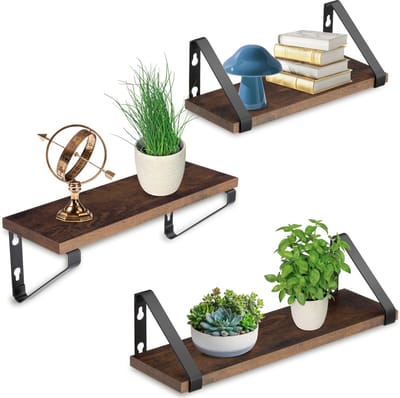 tectake® Wandplanken - Hangplanken van hout - Boekenplank - Zwevende planken voor woonkamer, slaapkamer, kantoor - Industrieel design - Zwart metalen frame - Afmeting (LxBxH) 30x12x12 cm, 35x12x12cm en 40x12x12 cm - Set van 3 planken - Donkerbruin