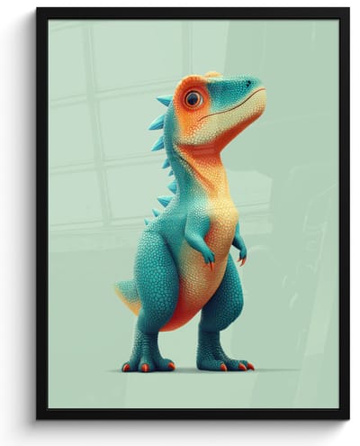 Poster in lijst - Fotolijst 60x80 cm - Posters - Cartoon - Dino - Oranje - Stekels - Posterlijst zwart - Decoratie - Wanddecoratie woonkamer - Muurdecoratie slaapkamer
