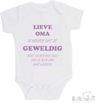 100% katoenen Romper "Lieve oma ik hoorde dat je geweldig bent en ben heel blij dat je mijn oma gaat worden!" Meisjes Katoen Wit/lila Maat 62/68