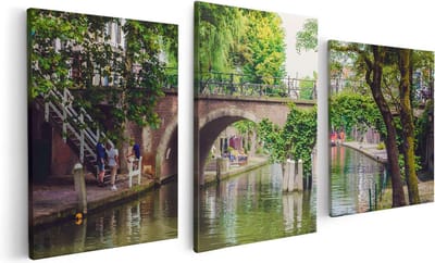 Artaza Canvas Schilderij Drieluik Dichtbegroeide Brug Op De Oudegracht In Utrecht - 120x60 - Foto Op Canvas - Canvas Print
