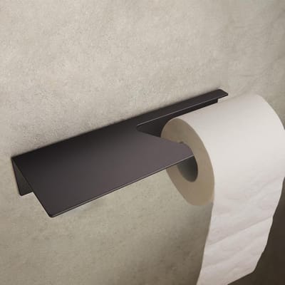 Famanu – Toiletrolhouder met plankje zonder boren, zelfklevende wandmontage, modern design, mat zwart
