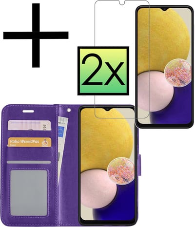 Hoesje - Met 2x Screenprotector - Geschikt voor Samsung Galaxy A13 4G - Luxe Pasjeshouder - Bookcase Portemonee - Flip Case - Kunstleer Book Case - Flipcase Hoes - Book Cover - Walletcase - Portemonneehoes - Paars