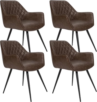 Dimehouse Set van 4 Industriële Eetkamerstoelen Cara Taupe Ruitpatroon - Kunstleer - Met Armleuning - Kunstleer - Industrieel