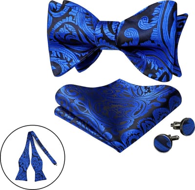 Sorprese Vlinderdas met Pochet en Manchetknopen - Zelf Strikken - 100% Zijden - Paisley - Blauw - Vlinderstrik