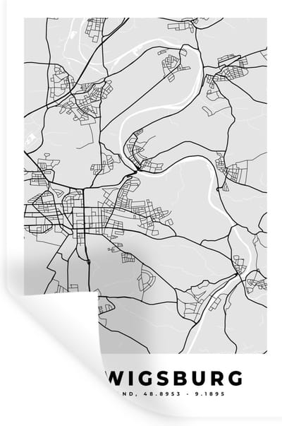 Muurstickers - Sticker Folie - Plattegrond - Duitsland - Ludwigsburg - Kaart - Stadskaart - 20x30 cm - Plakfolie - Muurstickers Kinderkamer - Zelfklevend Behang - Zelfklevend behangpapier - Stickerfolie