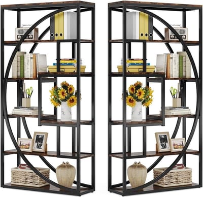 TRIBESIGNS - Set van 2 Boekenkast - Boekenrek met 5 Planken - Industrieel Vintage - Geometrisch Ontwerp - Bruin/Zwart - 80 x 30 x 180 cm