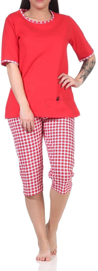Dames capri pyjama korte mouw met schattig kat motief en korte geruite tricot broek