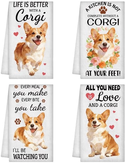 Dailygoods - WADORN 4 Stijlen Grappige Corgi Keukenhanddoeken Set, Leuke Corgi Gift voor Vrouwen Mannen Theedoek Herbruikbare Bulk Decoratieve Handdoeken Zachte Absorberende Rustieke Vaatdoeken 60 cm x 40 cm voor