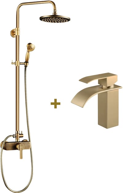 Auralum Max Regendouche - Antiek Messing Doucheset - Met Wastafelkraan - Retro Koperen - Hoogte Verstelbaar 96-135 cm - Mengkraan - Wandmontage - Compleet Regendoucheset - Goud