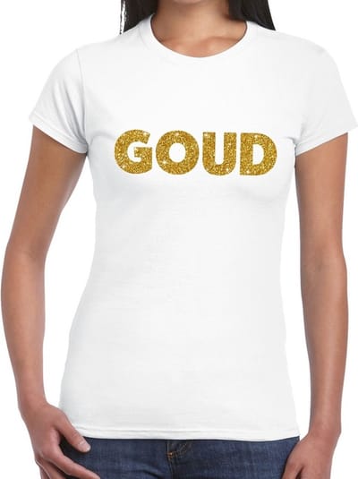 Bellatio Decorations feest t-shirt voor dames goud - glitter tekst - foute party/carnaval - wit XS