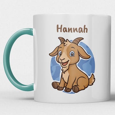 kindermok/kinderbeker | gepersonaliseerd met naam | met geit| zeegroen blauw | Schattige illustraties