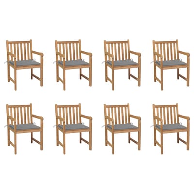 vidaXL - Tuinstoelen - 8 - st - met - grijze - kussens - massief - teakhout