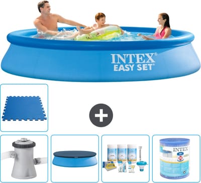 Intex Rond Opblaasbaar Easy Set Zwembad - 305 x 61 cm - Blauw - Inclusief Pomp - Afdekzeil - Onderhoudspakket - Filter - Vloertegels - 6-delig
