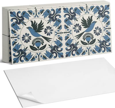 Coloray Plaktegels - Patroon met vogels en bloemen Zelfklevende Wandtegels - 40 cm x 20 cm - Blauw Plaktegels - 10 stuks - Rechthoek PVC Tegels - Plaktegels Badkamer - Vloertegels Zelfklevend - Vinyl Tegels - Portugese Tegels
