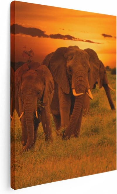 Artaza Canvas Schilderij Olifanten Safari - 30x40 cm - Klein - Wanddecoratie Woonkamer - Muurdecoratie Dieren - Kamer Accessoires