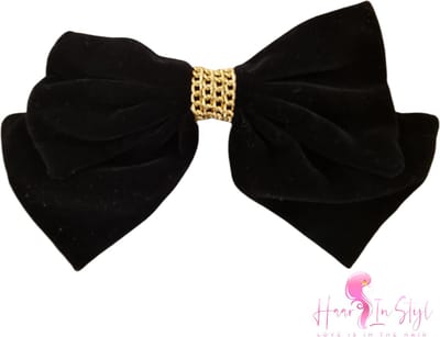 Haar in Stijl Haarclip Maryam Velvet Zwart - XXL velvet strik haarspeld met gouden detail - meisjes haaraccessoires feestdagen kerst schuifspeld haarschuifje haarklem haarstrik