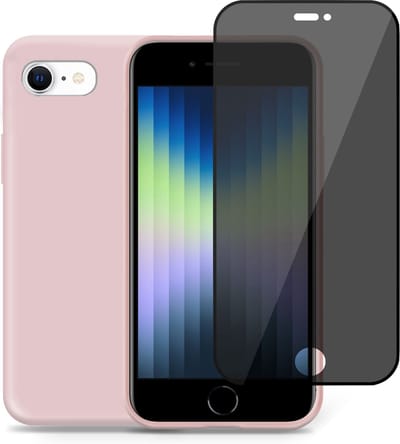 Hoesje geschikt voor iPhone SE 2022 + Privacy Screenprotector – Privé Gehard Glas Cover - Suède Case Rose