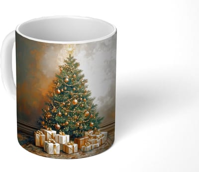 Mok - Koffiemok - Kerstboom - Cadeaus - Goud - Mokken - 350 ML - Beker - Koffiemokken - Theemok