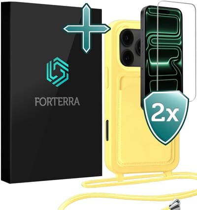 Hoesje Geschikt voor iPhone 17 Pro Pashouder Case Siliconen Hoes Met Koord Met 2x Screenprotector - Hoes Geschikt voor iPhone 17 Pro Met Telefoonkoord Hoesje Back Cover Met Pasjeshouder - Geel