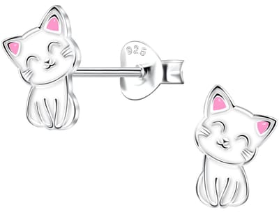 Joy|S - Zilveren kat poes oorbellen - wit met roze oortjes - 6 x 9 mm - kinderoorbellen - sterling zilver 925