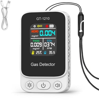Luchtkwaliteitsmonitor - CO2-meter TVOC-detector - Binnenlucht Meten - 5-in-1 Detectie - 9.5D x 7.5B x 3H cm - Wit