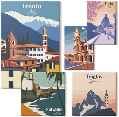 Wallfluent Set van canvas schilderijen - Europese steden en landschappen in retrostijl Canvas Schilderijen Set - Set van 5 Canvas Schilderijen - Veelkleurig Set van Canvas Prints - Steden Canvas Kunst Set - Boheemse Canvas Kunst Set