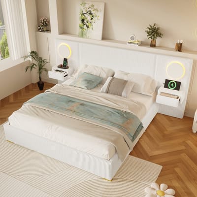 Gestoffeerd bed 180x200 - Tweepersoonsbed met usb aansluiting - Bed met led hoofdbord - Bed met nachtkastjes en lades - 180x200 cm - Slaapkamer Beige