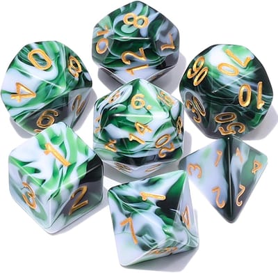 Dobbelstenen Set 7-delig – Swirl Groen Wit D20 D12 D10 D8 D6 D4 – Voor RPG & Tafelspellen
