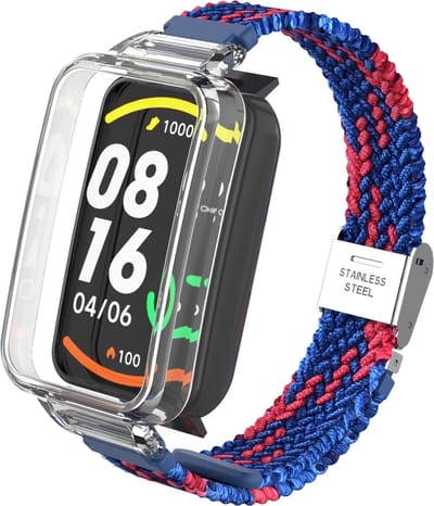 By Qubix - Braided nylon bandje met case - Blauw met rood - Geschikt voor Xiaomi Smart Band 7 Pro / Mi Band 7 Pro bandje