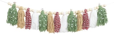 Dailygoods- Kerstpompoenkrans - Wanddecoratie Bohemian - Houten kralen - 13 Drapeerkwastjes - Kerstdecoratie binnenshuis - Herbruikbaar en stevig