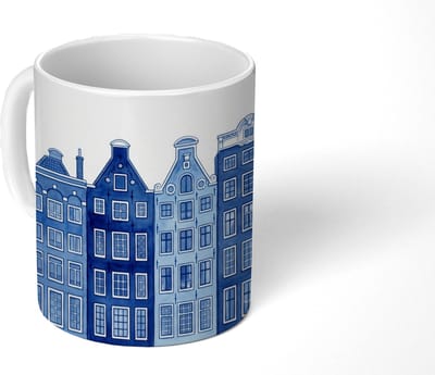 Mok - Koffiemok - Aquarel - Grachtenpanden - Delfts - Blauw - Mokken - 350 ML - Beker - Koffiemokken - Theemok