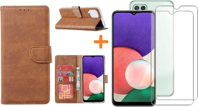 Hoesje Geschikt Voor Samsung Galaxy A22 5G hoesje bookcase Bruin Met screenprotector / 2X tempered glass