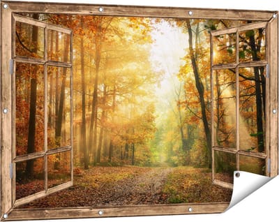 Gards Tuinposter Doorkijk Herfstbos met Zonneschijn - 120x80 cm - Tuindoek - Tuindecoratie - Wanddecoratie buiten - Tuinschilderij