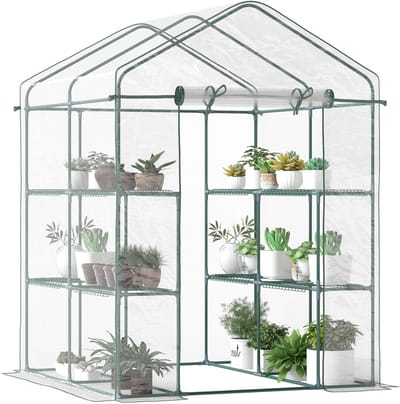 Outsunny-Metall, PVC-Kunststoff-Transparent-143L x 143B x 195H cm-Foliengewächshaus