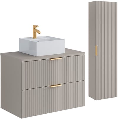 Vente-unique Zwevend badkamermeubel met vierkante opbouwwastafel en kolomkast - Geribbeld beige kleur - 80 cm - ZEVARA