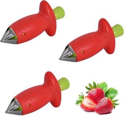 Aardbeienontstamker 3 stuks - Verwijderaar steeltjes groenten - Snel fruit voorbereiden - Roestvrij staal - Rood