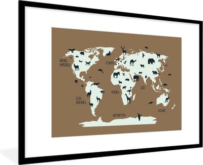 Poster in lijst - Fotolijst 90x60 cm - Posters - Wereldkaart - Dieren - Bruin - Posterlijst zwart - Decoratie - Wanddecoratie woonkamer - Muurdecoratie slaapkamer