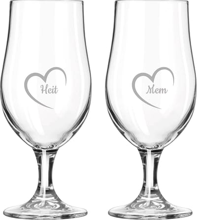 Gegraveerde bierglas op voet 49cl Mem mei hert & Heit mei hert