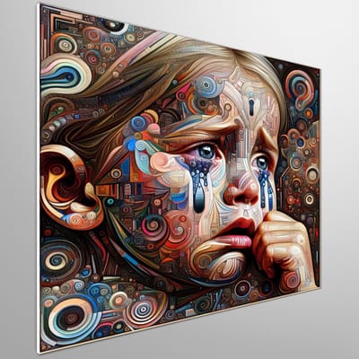 Modern huilend kind schilderij | Tranen van de toekomst: Hedendaags Pasgeboren Kind in Gekleurd Licht | Kunst - 75x75 centimeter op Forex | Foto op Forex