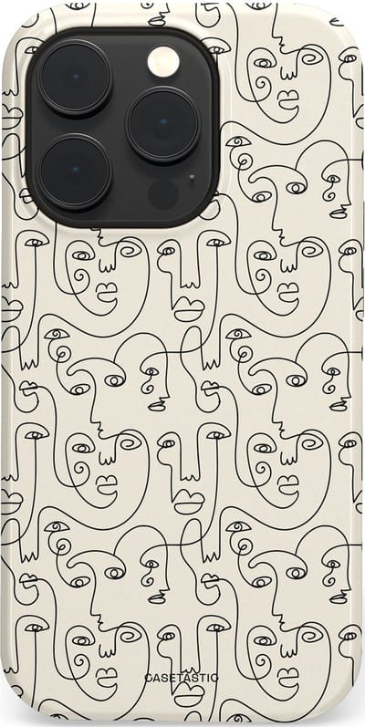 Casetastic hoesje geschikt voor Apple iPhone 14 Pro - MagSafe - Dubbellaagse bescherming - Art Deco Creme Abstractie Lijntekening Gezichten - Fashion Case - Zilver Crème Wit