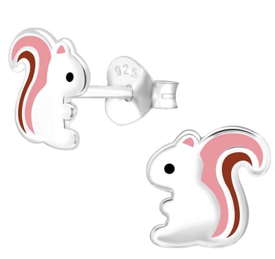 Joy|S - Zilveren eekhoorn oorbellen - 7 mm - zilver met bruin / roze staart - kinderoorbellen